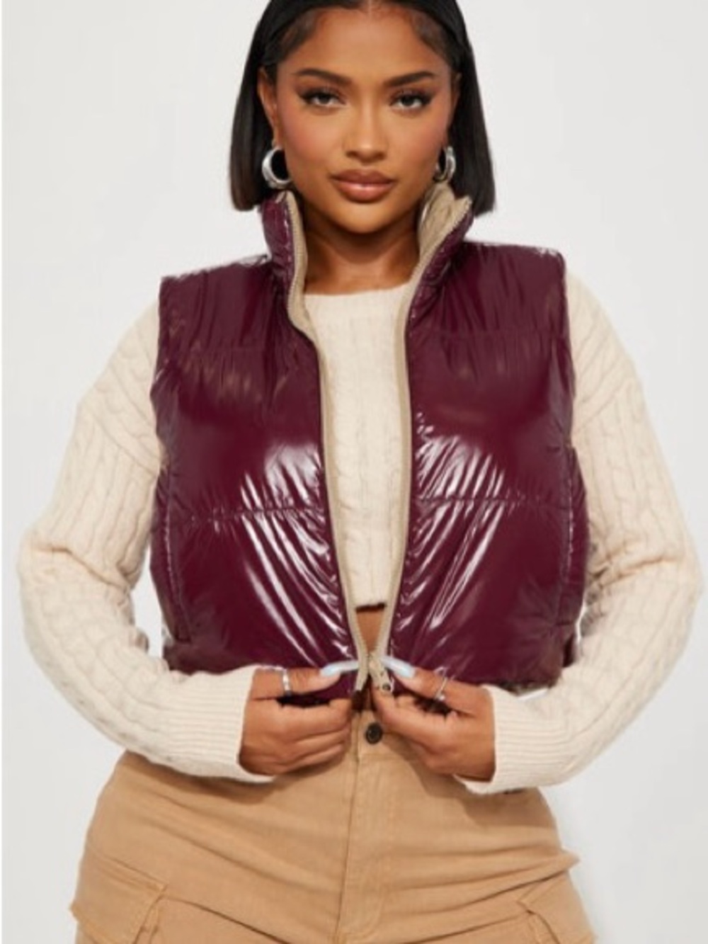 Reversible Quilted Puffer Vest - Burgundy/Beige